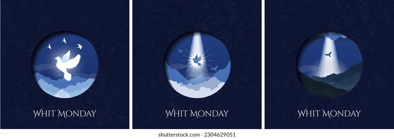 Whit Monday greeting card set. Beautiful Dove on heavenly sky with clouds and Whit Monday Serif Text greeting. Dove silhouette for religious holiday.  Whit Monday icon. Vector Illustration. EPS 10.