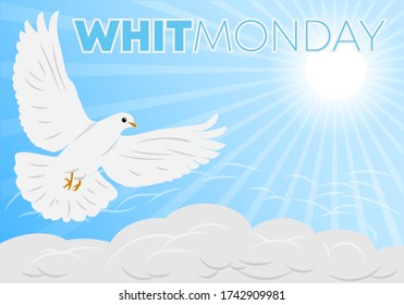 Whit Monday illustration image background with dove and bright yellow sun for invitation, greeting card, banner, backdrop, poster. Isolated object.