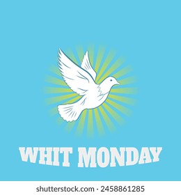 Whit Monday illustration image background with dove and bright yellow sun for invitation, greeting card, banner, backdrop, poster