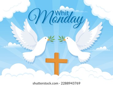 Whit Monday Vector Illustration with a Pigeon or Dove for Christian Community Holiday of the Holy Spirit in Flat Cartoon Hand Drawn Templates