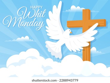 Whit Monday Vector Illustration with a Pigeon or Dove for Christian Community Holiday of the Holy Spirit in Flat Cartoon Hand Drawn Templates