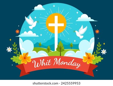Whit Monday Vector Illustration with a Pigeon or Dove for Christian Community Holiday of the Holy Spirit in Flat Cartoon Background Design