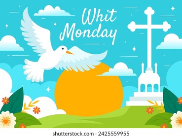 Whit Monday Vector Illustration with a Pigeon or Dove for Christian Community Holiday of the Holy Spirit in Flat Cartoon Background Design