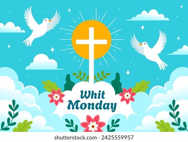 Whit Monday Vector Illustration with a Pigeon or Dove for Christian Community Holiday of the Holy Spirit in Flat Cartoon Background Design