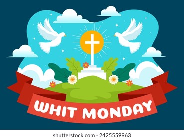 Whit Monday Vector Illustration with a Pigeon or Dove for Christian Community Holiday of the Holy Spirit in Flat Cartoon Background Design