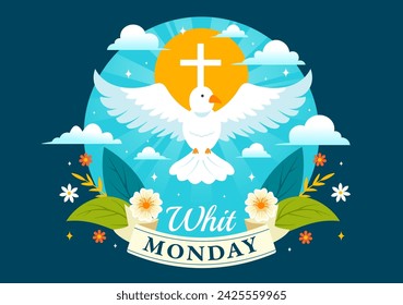 Whit Monday Vector Illustration with a Pigeon or Dove for Christian Community Holiday of the Holy Spirit in Flat Cartoon Background Design