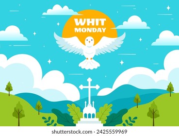 Whit Monday Vector Illustration with a Pigeon or Dove for Christian Community Holiday of the Holy Spirit in Flat Cartoon Background Design