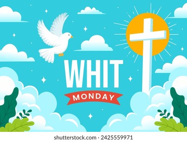 Whit Monday Vector Illustration with a Pigeon or Dove for Christian Community Holiday of the Holy Spirit in Flat Cartoon Background Design