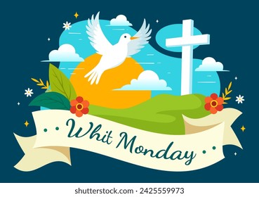 Whit Monday Vector Illustration with a Pigeon or Dove for Christian Community Holiday of the Holy Spirit in Flat Cartoon Background Design