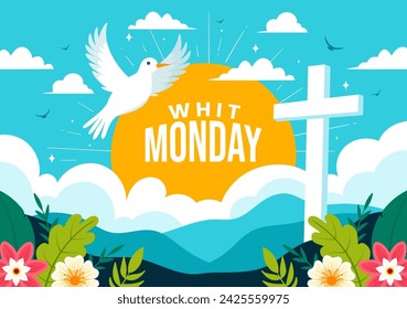 Whit Monday Vector Illustration with a Pigeon or Dove for Christian Community Holiday of the Holy Spirit in Flat Cartoon Background Design