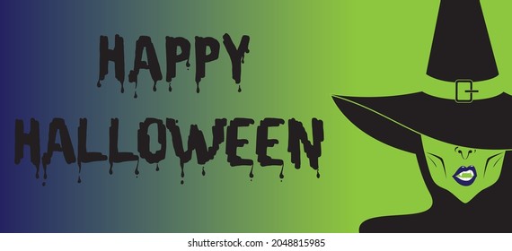 Whitch in hat with slogan happy Halloween. Halloween banner