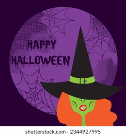 Whitch head on full moon background with slogan happy Halloween. Vector illustration.
