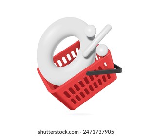 White 0% placed in red shopping basket floating in air for promotion design advertising zero percent interest or fee, vector 3d isolated on white background for financial advertising design