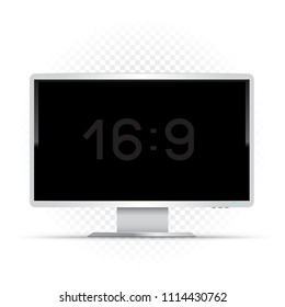 White 16 to 9 computer monitor on transparent background. Wide screen modern electronic device. Empty black pc desktop template