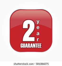 white 2 years guarantee logo on glossy red square with round corner with lighting and shadow effect