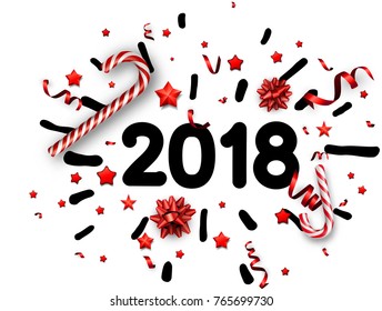 White 2018 Ð¡hristmas card with candy, red bows and serpentine. Vector paper illustration.