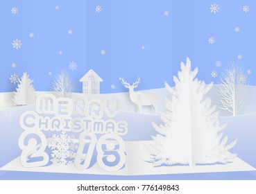 White 2018 Deer Home Tree and Snow  in Merry christmas Concept in Paper Cut Style