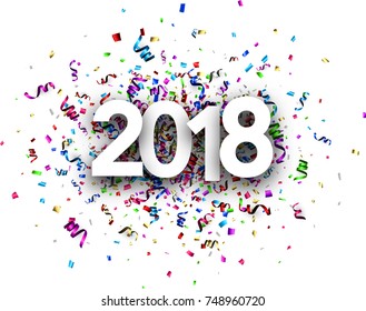 White 2018 New Year card with colorful serpentine. Vector illustration.