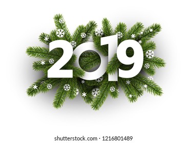 White 2019 background with fir branches and beautiful snowflakes. Greeting card or promotion poster template. Vector illustration.
