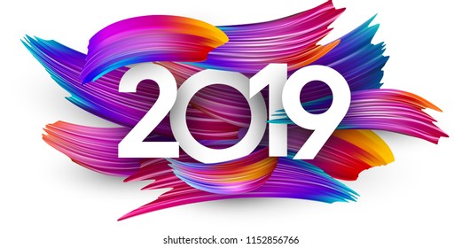 White 2019 new year background with spectrum brush strokes. Colorful gradient brush design. Greeting card or poster template. Vector paper illustration.
