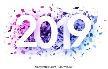 White 2019 new year background with purple spectrum paper confetti. Vector paper illustration.
