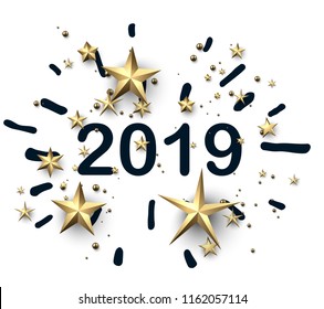 White 2019 New Year background with beautiful gold stars. Christmas greeting card or poster template. Vector paper illustration.