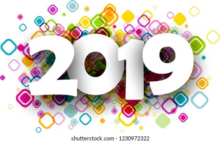 Weißer Hintergrund 2019 mit buntem geometrischem Muster. Vektorgrafik.