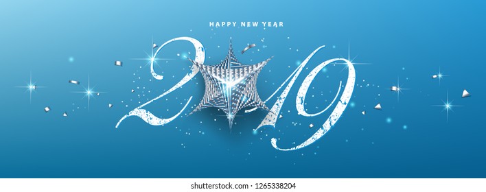 White 2019 new year background with holographic star. Greeting card or poster template. Vector paper illustration. - Vector