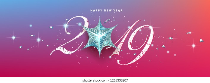 White 2019 new year background with holographic star. Greeting card or poster template. Vector paper illustration. - Vector