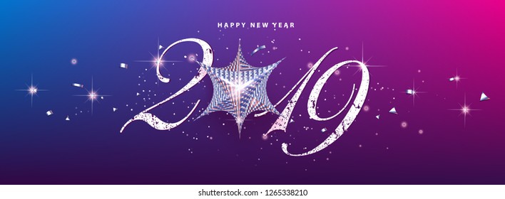 White 2019 new year background with holographic star. Greeting card or poster template. Vector paper illustration. - Vector