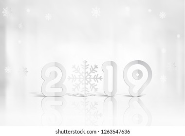 White 2019 Text in Paper cut style on Reflex floor and white bokeh blur background for Happy New Year 2019 Concept