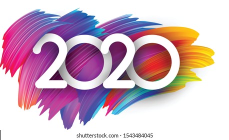 White 2020 new year background with spectrum brush strokes. Illustration of colorful gradient brush design. Banner or poster template - Vector