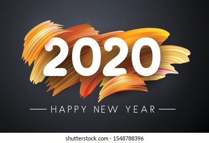 Branco 2020 fundo de ano novo com traços de pincel dourado. Ilustração do design de pincel de gradiente colorido. Modelo de banner ou pôster - Vetor