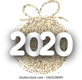 White 2020 New Year background with gold abstract stylized Christmas ball. Greeting card or festive poster template. Vector paper illustration.