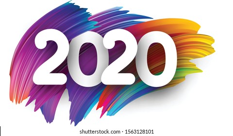 White 2020 new year background with spectrum brush strokes. Illustration of colorful gradient brush design. Banner or poster template - Vector