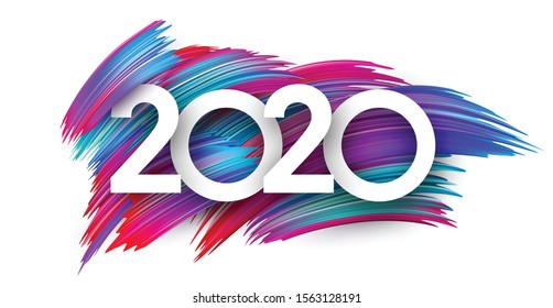 White 2020 new year sign with spectrum brush strokes. Illustration of colorful gradient brush design - Vector