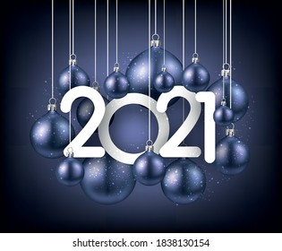 White 2021 sign among violet hanging christmas tree toys with shiny lights. Dark background. Vector holiday illustration.