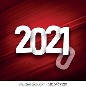 White 2021 sign with falling 0 on red brushstrokes background. Background looking like flowing silk. Vector holiday illustration.