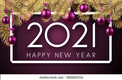 White 2021 sign in square frame. Lilac christmas tree toys hanging on ribbons with bows, golden spruce branches. Happy new year sign. Dark lilac background. Vector holiday illustration.