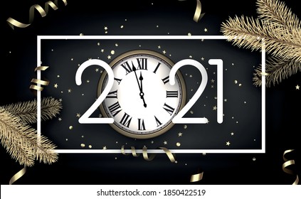 Weiß 2021 Zeichen auf weißem, quadratischem Hintergrund. Kreative Uhr statt 0 im Jahr 2021. Goldene Sterne und Kreise konfetti, serpentine und Fichtenzweige. Vektorgrafik für Feiertage.