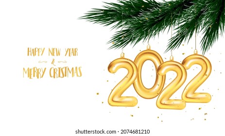 White 2022 Happy New Year banner with golden Christmas decorations in the form of numbers 2022 hanging on a Christmas tree with confetti. Xmas and Happy New Year concept. 3D realistic vector banner	
