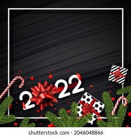 White 2022 sign with bow on brush strokes background. Spruce branches, gift boxes, stars confetti, candy canes. Vector festive illustration.