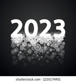 Blanco 2023 con gradiente de copos de nieve sobre fondo negro