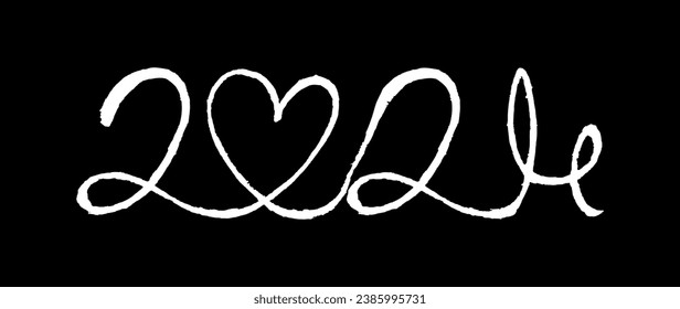 White  2024 one line art on black background, hand drawn continuous contour. Holiday concept, festive lettering. New year handwriting text, sketch style, minimalist design. Editable stroke. Isolated. 