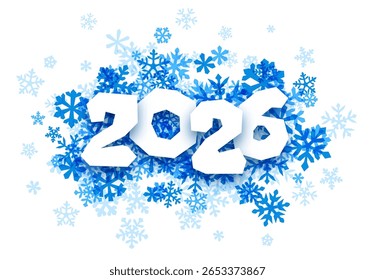 White 2026 numbers over icy blue snowflakes. Vector illustration perfect for winter, New Year, or seasonal themes.