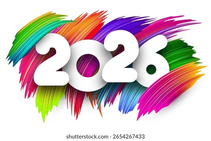 Números brancos 2026 sobre traços de pincel de arco-íris vívidos. Ilustração vetorial ideal para festivos, modernos ou desenhos artísticos.