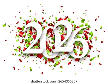 White 2026 numbers surrounded by festive red and green confetti. Vector illustration.