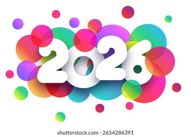 Texto blanco de 2026 sobre círculos multicolores vibrantes y superpuestos sobre blanco. Ilustración vectorial.