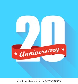 white 20th anniversary logo vector with red ribbon and shadow effect all in bright blue square flat design