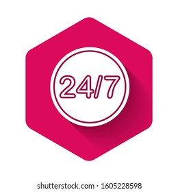 White 24 hours icon isolated with long shadow. All day cyclic icon. 24 hours service symbol. Pink hexagon button. Vector Illustration